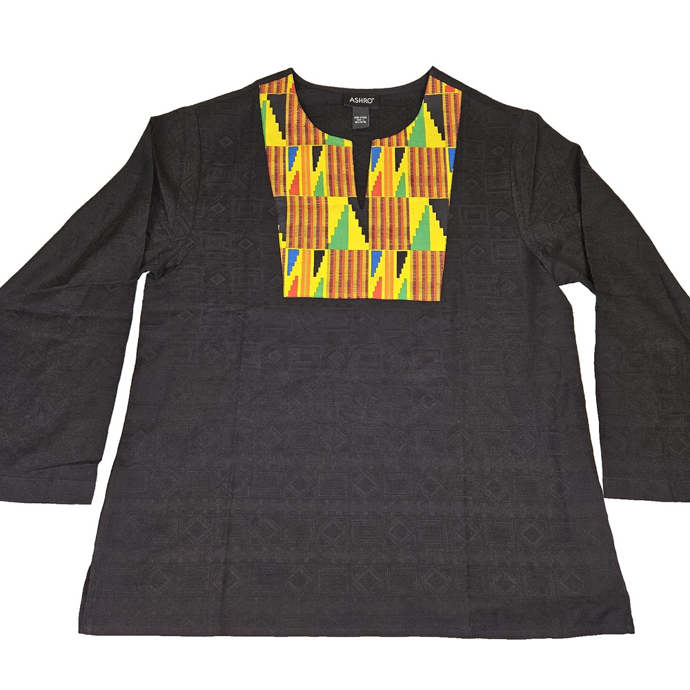 ASHRO Womens L Embroidered Cotton Tunic Colorful Tribal Pattern Casual Church